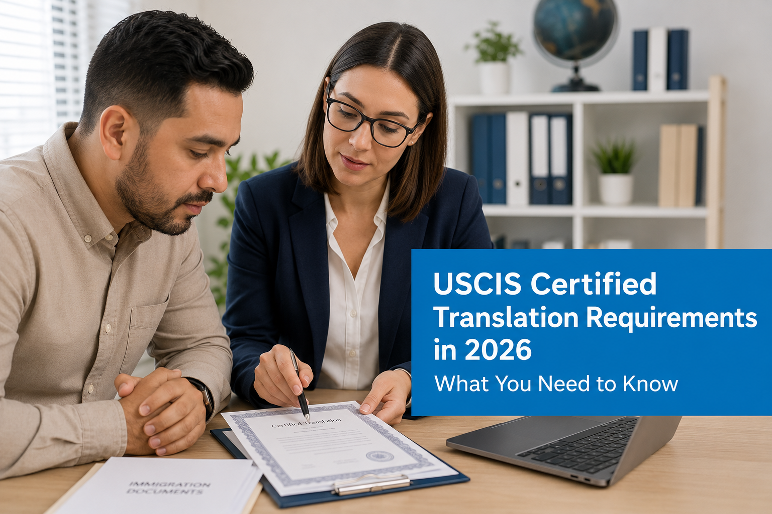 Immigration client reviewing USCIS certified translation documents with a language professional